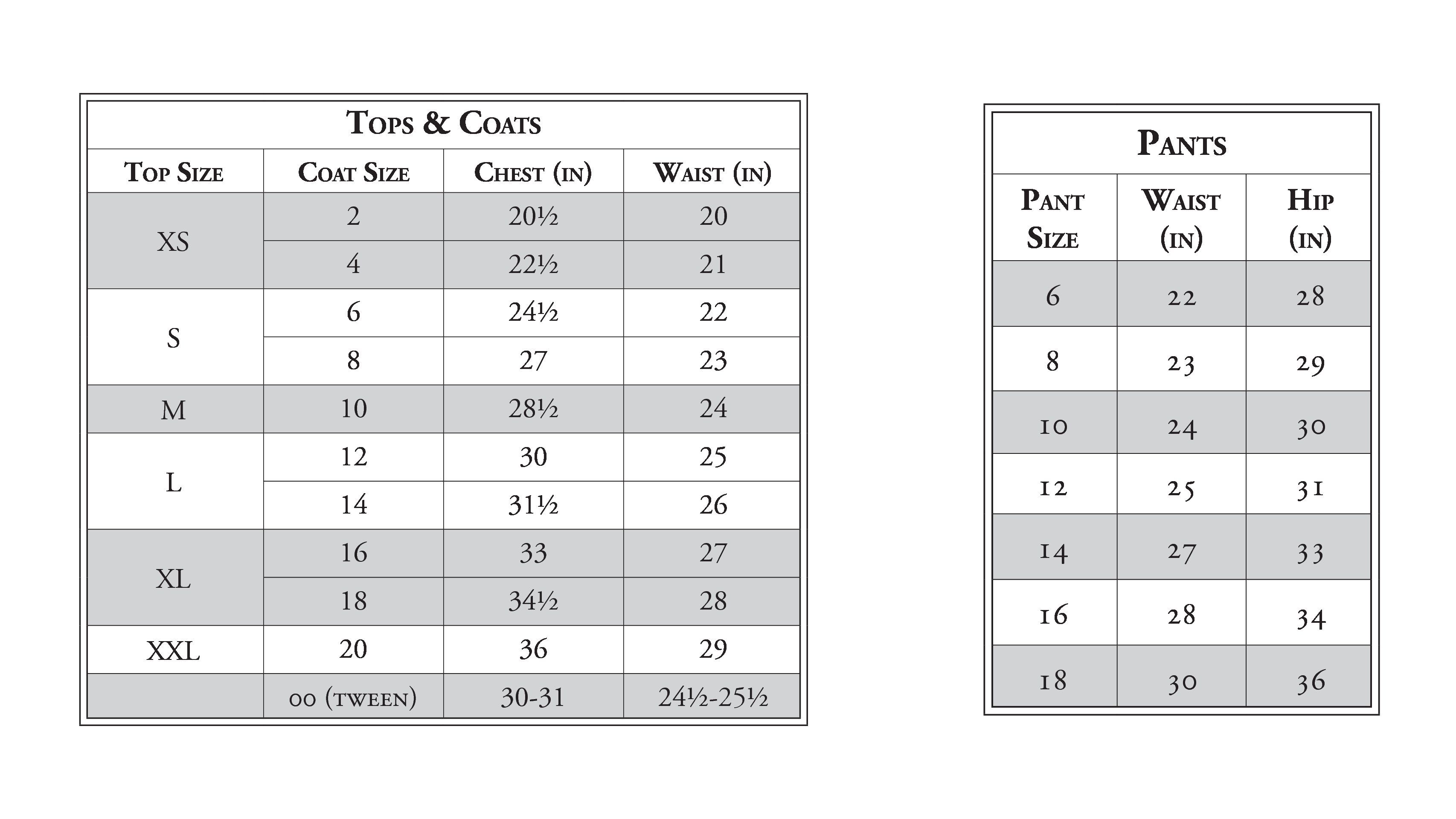 RJ Classics Tops Coats Size Chart compressed