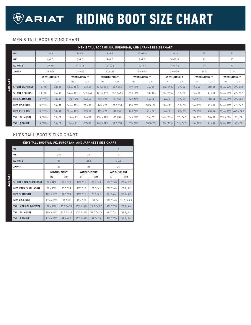 English Footwear Men Kids Tall Boot Sizing Chart