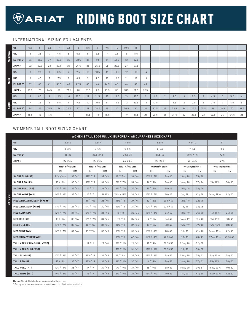 English Footwear Womens Tall Boot Sizing Chart